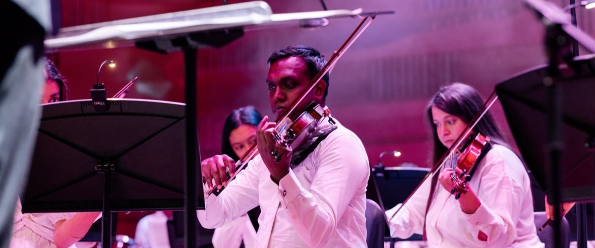 A group of musicians playing string instruments, likely violins, in a concert setting.