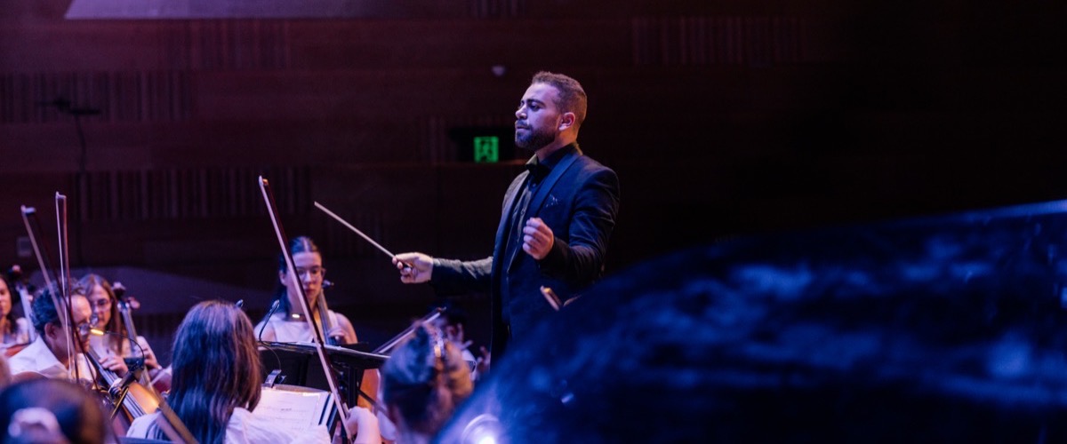 Graph shows a conductor leading an orchestra, with the conductor holding a baton in their right hand.
