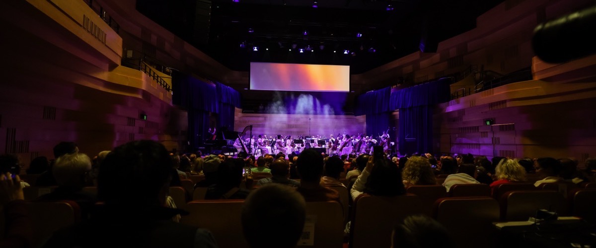 A large orchestra performing on stage in a dimly lit auditorium with a predominantly seated audience.