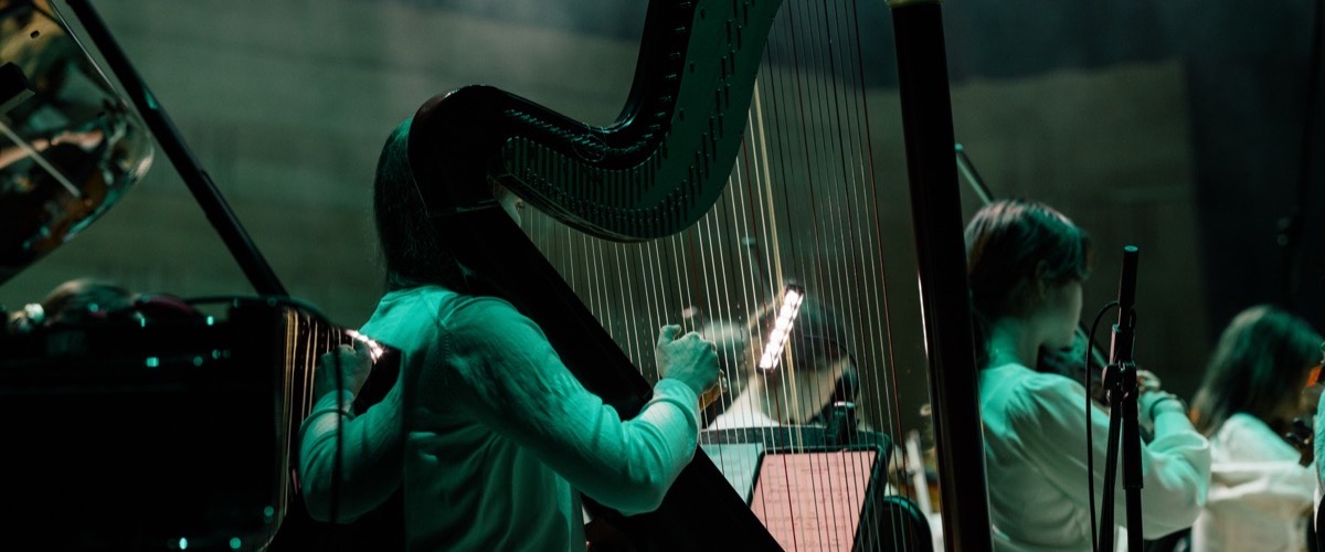 Graph depicts a harpist performing with a stringed instrument ensemble in a concert setting.