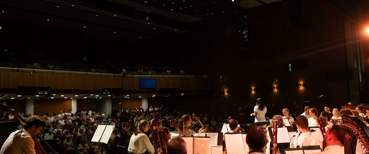 Graph depicts a large orchestra performing in a concert hall with a seated audience.